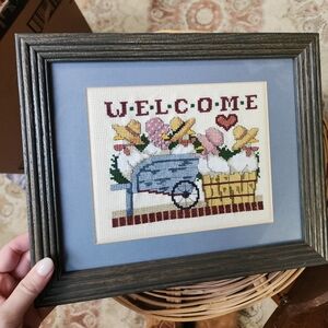Vintage "Welcome" cross-stitch goose/duck framed art piece